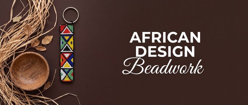 African beaded keychain craft background with wooden bowl and raffia straw on brown texture. Traditional handmade Maasai beadwork banner with copy space, perfect for cultural artisan design templates.
