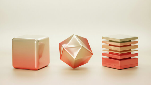 Three metallic geometric including a cube and polyhedron on light background