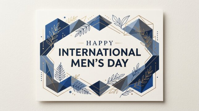 Happy international mens day greeting card design with blue watercolor geometric shapes and elegant minimalist typography on white background