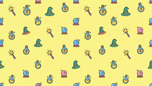 A seamless repeating pattern features cute cartoon magic elements