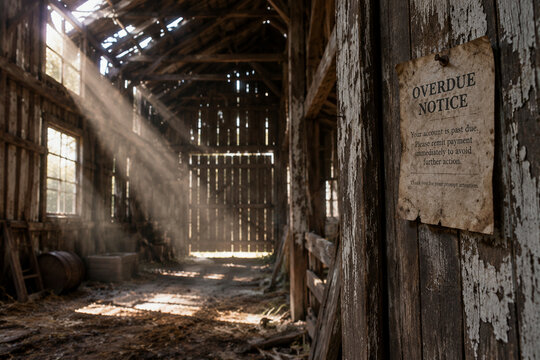 Empty abandoned barn interior with dust motes in sunbeams.
