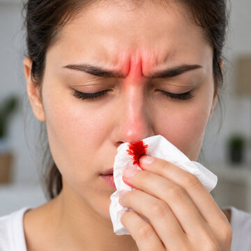 Young Woman Managing Nosebleed With Tissue
