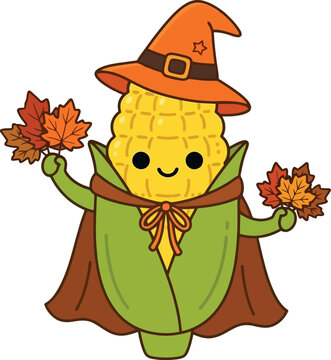 A cute cartoon corn cob character dressed as a wizard holding autumn leaves.