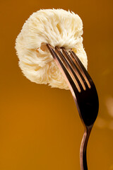 Fresh Lion's Mane mushroom held on a fork against a warm orange background, illustrating gourmet cuisine, plant-based food, serving and culinary presentation. © DEWINs