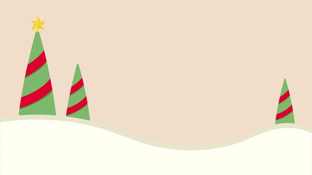Cartoon animation christmas greeting card with snow and modern christmas tree. Winter holiday background.