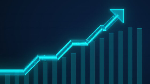 Rising arrow made of cyan glowing circuit traces over bar chart, business growth, dark navy