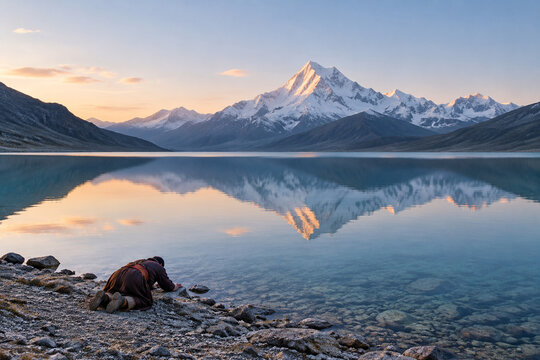 A figure prostrates on the shore of an alpine lake towards a distant mountain.