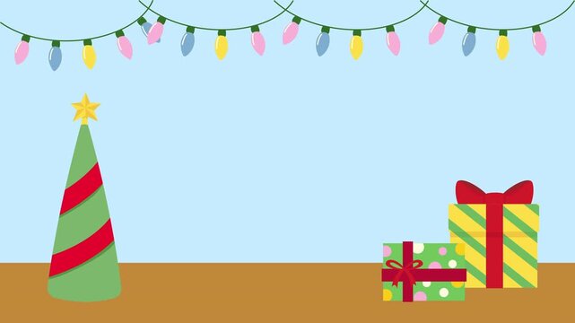 Cartoon animation christmas greeting card with present and christmas tree. Winter holiday background.