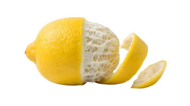 A single fresh whole yellow lemon partially peeled to reveal the white spongy pith underneath, with two curved sections of bright yellow citrus rind curled away beside it on a pure white background