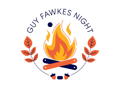 Guy Fawkes Night Bonfire Vector Emblem with Autumn Leaves and Acorns