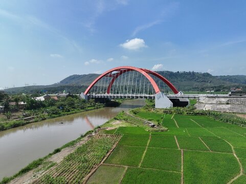Aerial View Of Kalikuto Arch Bridge from Trans Java Toll Road, Central Java, Indonesia