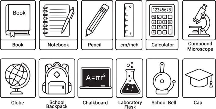 Education and school supplies icon set for learning and academic activities