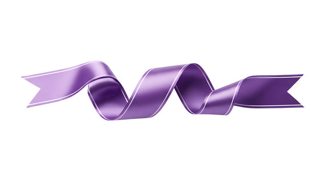 3D rendered illustration of a glossy purple satin decorative ribbon banner with shiny silver metallic trim edge, twisted in soft flowing waves with fishtail cut ends, isolated on white background