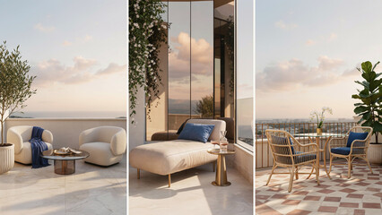 Naklejka premium Three scenes of luxury outdoor terraces with comfortable furniture and sea views at sunset