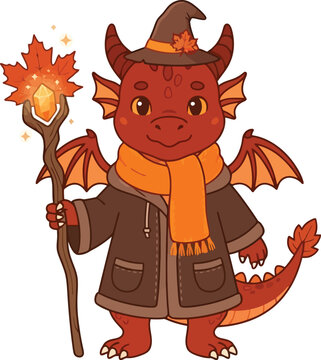 Cute cartoon red dragon wizard wearing a cozy autumn outfit with a magic staff.