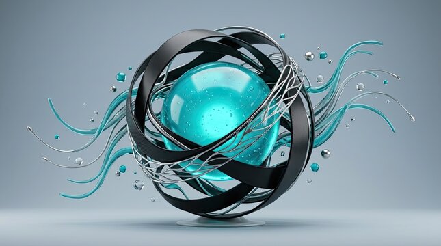 Abstract 3D Orb with Intertwined Black and Silver Ribbons and Teal Fluidic Tendrils on Gray Background