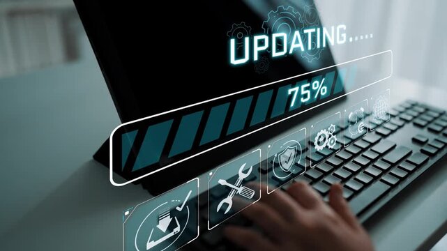 Modern Computer Interface Showcasing Software Update Progress Bar with Percentage Display on Laptop Screen and Hands Typing on Keyboard Sigmoid