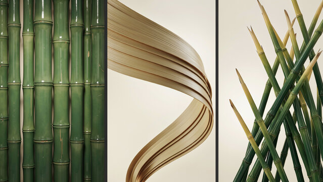 Three sections featuring green bamboo stalks and curved wooden strips on neutral backgrounds
