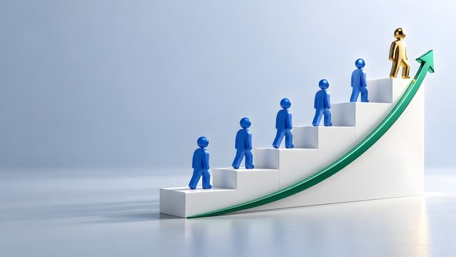 Corporate hierarchy concept with blue 3D figures following green growth arrow toward golden leader on top step