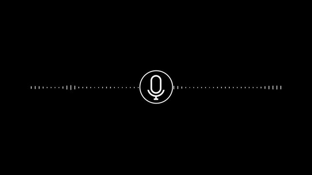 White Microphone Audio Waveform Animation with Circular Recording Icon and Horizontal Sound Bars on Black Background for Voice Recording Podcast Audio Interface and Digital Motion Graphics