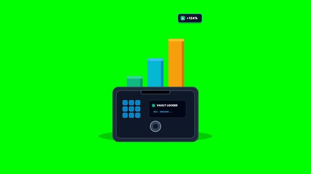 Premium 4K 2D vector animation of an enlarged smart digital vault triggering a bar chart growth bloom and ROI percentage badge pop upon coin deposit i.