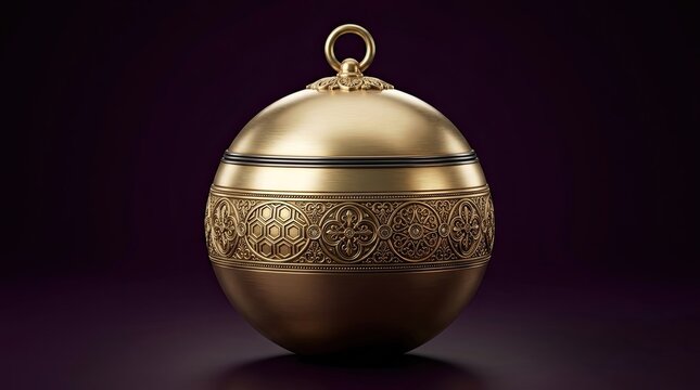 Ornate Golden Sphere with Intricate Embossed Patterns, Luxury Decorative Object on Dark Purple Background