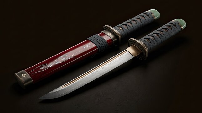 Traditional Japanese Wakizashi Sword and Scabbard, Samurai Weapon, Antique Blade, Cultural Artifact, Close-up Detail