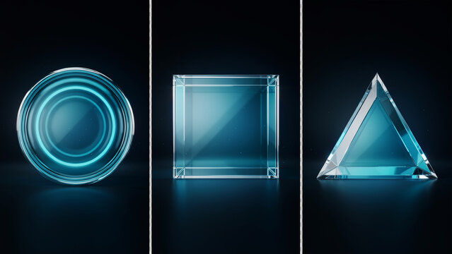 Three transparent glass shapes including a circle, square, and triangle on a dark background