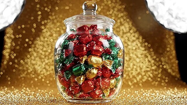 Glass jar filled with colorful wrapped Christmas candies video footage in golden sparkling setting