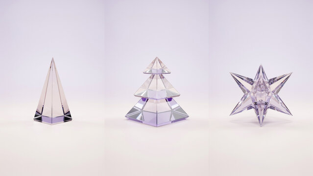 Three transparent glass ornaments shaped like a pyramid, a christmas tree, and a star figure