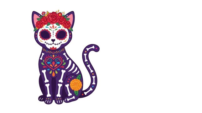 Colorful cat illustration featuring traditional day of the dead sugar skull motifs and floral crown