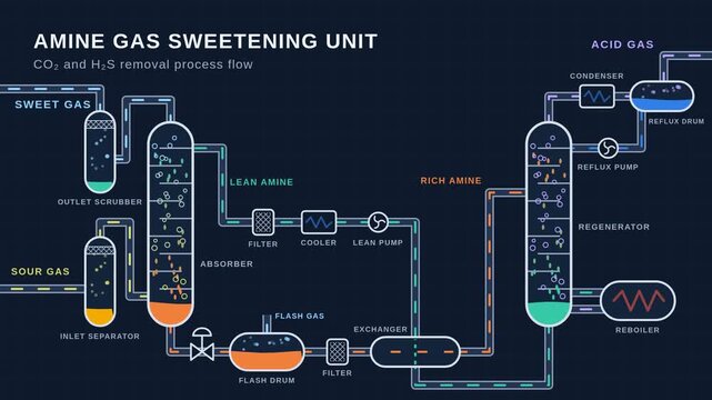Amine gas sweetening unit animation, complete CO2 and H2S removal process flow with absorber, regenerator, flash drum and reboiler, seamless loop