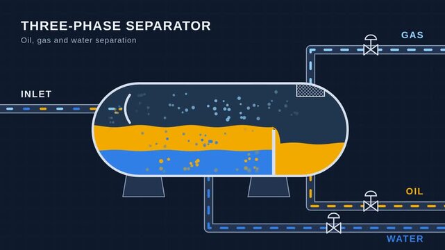 Three-phase separator animation, horizontal oil gas water separation process flow cutaway, seamless loop