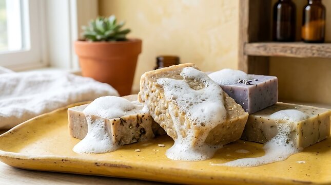 Handmade soaps with rich lather on rustic yellow platter near potted succulent