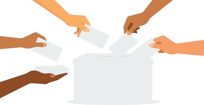 Diverse electorate votes casting ballots into a communal box.