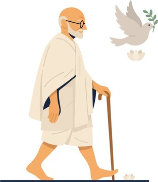 Elderly man in white robe walks with wooden cane and dove.