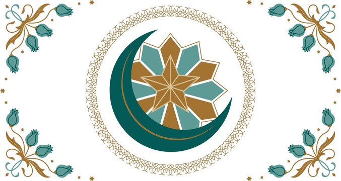 Floral crescent moon with star for ramadan holiday greeting.