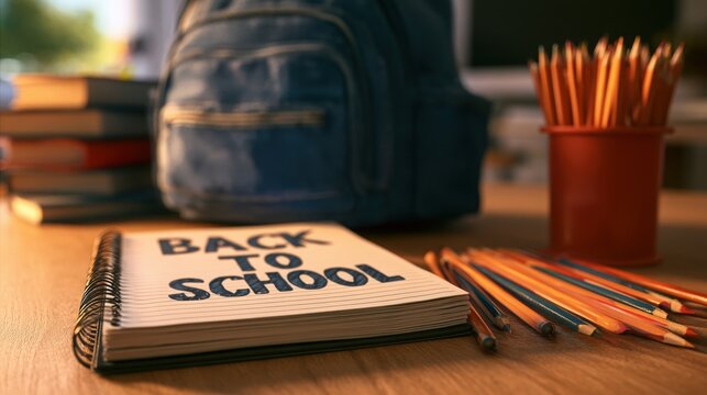 Back to school supplies and notebook with backpack on wooden desk for