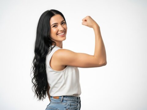 Woman flexing arm showing strength and confidence