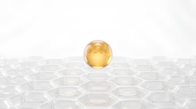 Golden serum sphere resting on a white translucent hexagonal honeycomb surface on a bright white background, 3D illustration of premium skincare essence concept