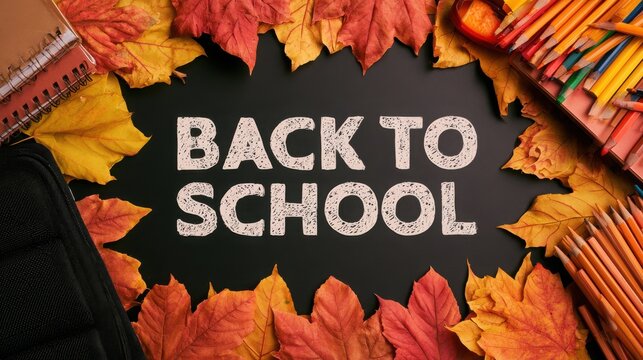 Back to School celebration typography surrounded by autumn leaves and