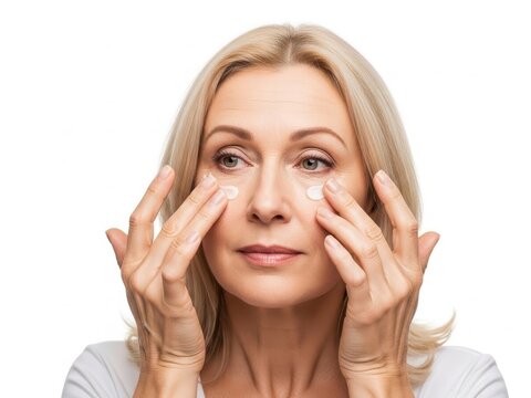Woman gently touching her eyes and forehead