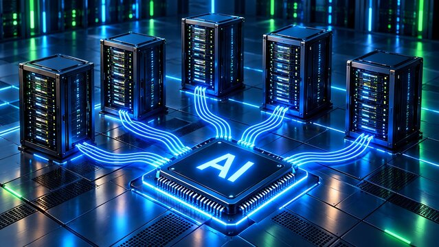 Artificial intelligence microchip processing data streams connected to cloud computing server racks in futuristic data center