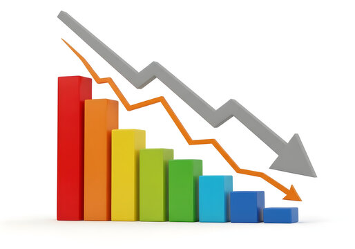 Declining bar and arrow graph illustration isolated on white background