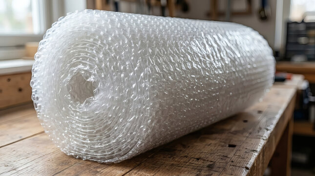 Close up of a large transparent plastic bubble wrap roll on a rustic wooden workbench.