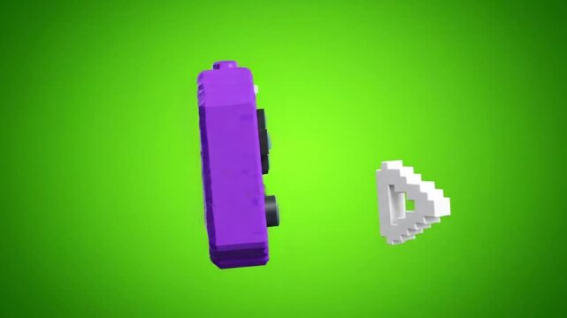Pixel Art Handheld Game Console Floating on Green Screen. 4K Video