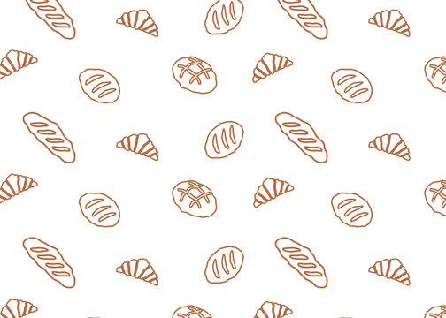 Seamless bakery illustration pattern with brown outline and white background. Food packaging, menu illustration. Hand drawn wrapping design, food business, bakeshop