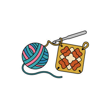 Handmade Crochet Granny Square with Yarn Ball and Hook Concept