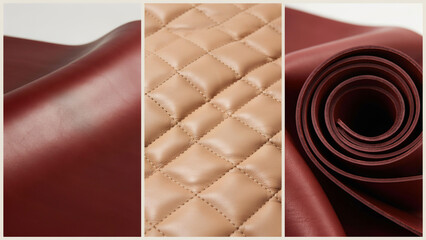 Fototapeta premium Triptych of red and beige quilted leather textures and rolled surfaces