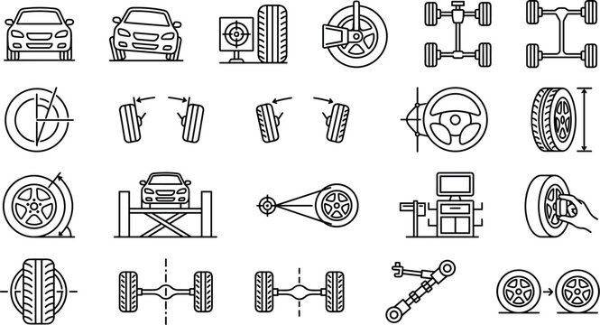 Wheel Alignment and Tire Balancing Line Icon Set for Car Maintenance ServiceWheel Alignment and Tire Balancing Line Icon Set for Car Maintenance Service